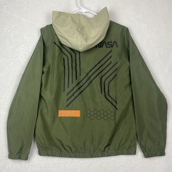 JEM Nasa Windbreaker Youth Extra Large Green Hooded Kangaroo Lightweight Pocket - Picture 2 of 7